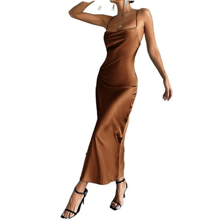 

Womens Solid Tie Backless Cami Long Dress Brown M