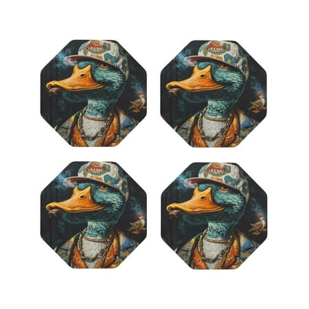 

Tebeau Hip-Hop Duck Print Set of 4 Leather Drink Coasters Round Cup Mat Pad for Home and Kitchen Use 4 -Octagon