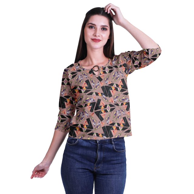 Moomaya Printed Keyhole Neck Ring Top Casual 3/4th Sleeve Tees Tank Tunic Top