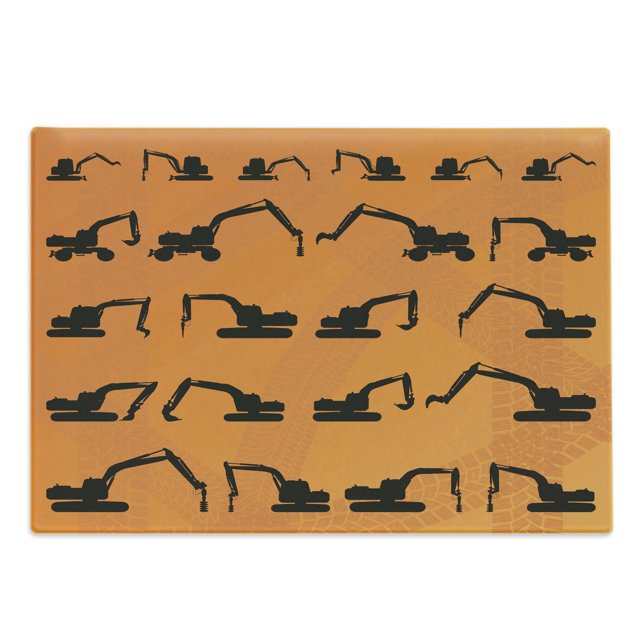 Construction Cutting Board, Excavator Black Silhouettes Tire Traces Track Machinery Industry Technology, Decorative Tempered Glass Cutting and Serving Board, Large Size, Orange Black, by Ambesonne