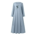 thumbnail image 4 of IROINNID Maxi Dress for Women Long Sleeve Print Cotton Linen Round Neck Pocket Dress Savings,Sky Blue, 4 of 5
