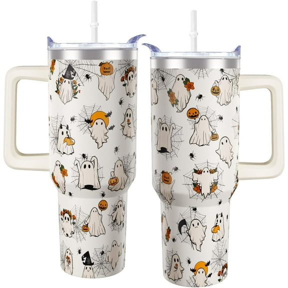 40 oz Halloween Ghost Tumbler with Handle Lid and Straw - Stainless Steel Insulated Spooky Halloween Ghost Cup Water Bottle Travel Mug Gifts for Women Adults
