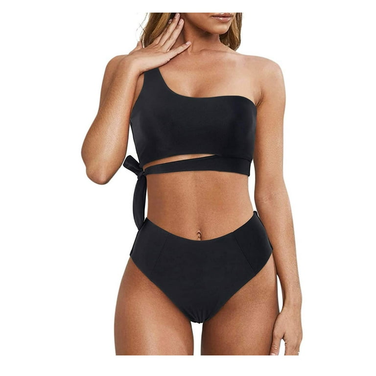 HIMIWAY Fashion Women One-shoulder Strappy Bikini Suit Sexy Casual Split Swimsuit  Black S 
