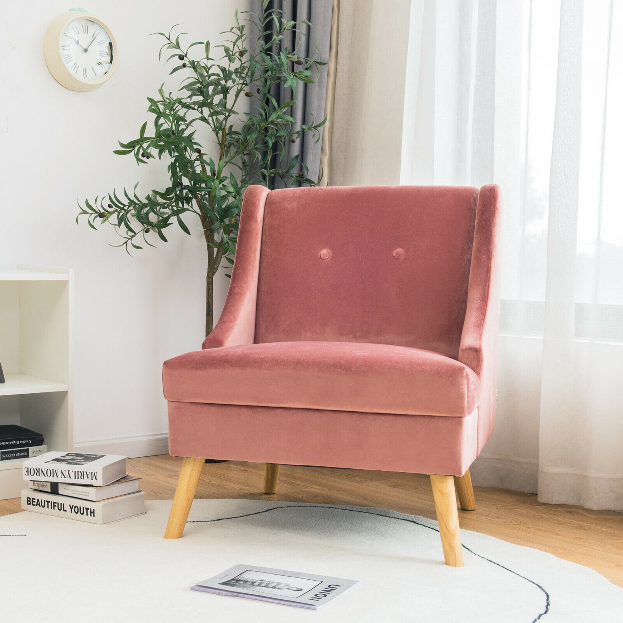 Gymax Velvet Upholstered Swoop Arm Accent Chairs with Rubber Wood Legs, Pink