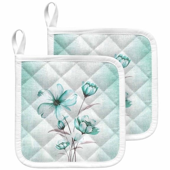 Turquoise Flowers Pot Holders for Kitchen Heatproof Potholder, 2 Pack Farmhouse Gradient Floral Plants Hot Pads Multipurpose Oven Pads Cloth Potholders Trivet for Cooking and Baking