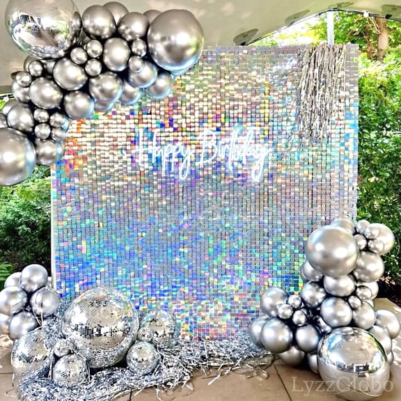 30PCS Iridescent Silver Shimmer Wall Panels 30x30cm Silver Square Sequins Backdrop Panel for Wedding Birthday Party Decoration