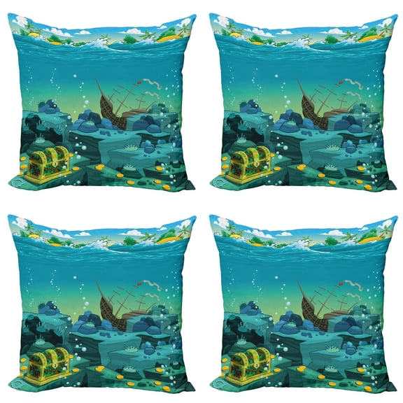 Ambesonne Cartoon Throw Pillow Cover 4 Pack, Sunk Ship Pirate, 24", Teal and Yellow
