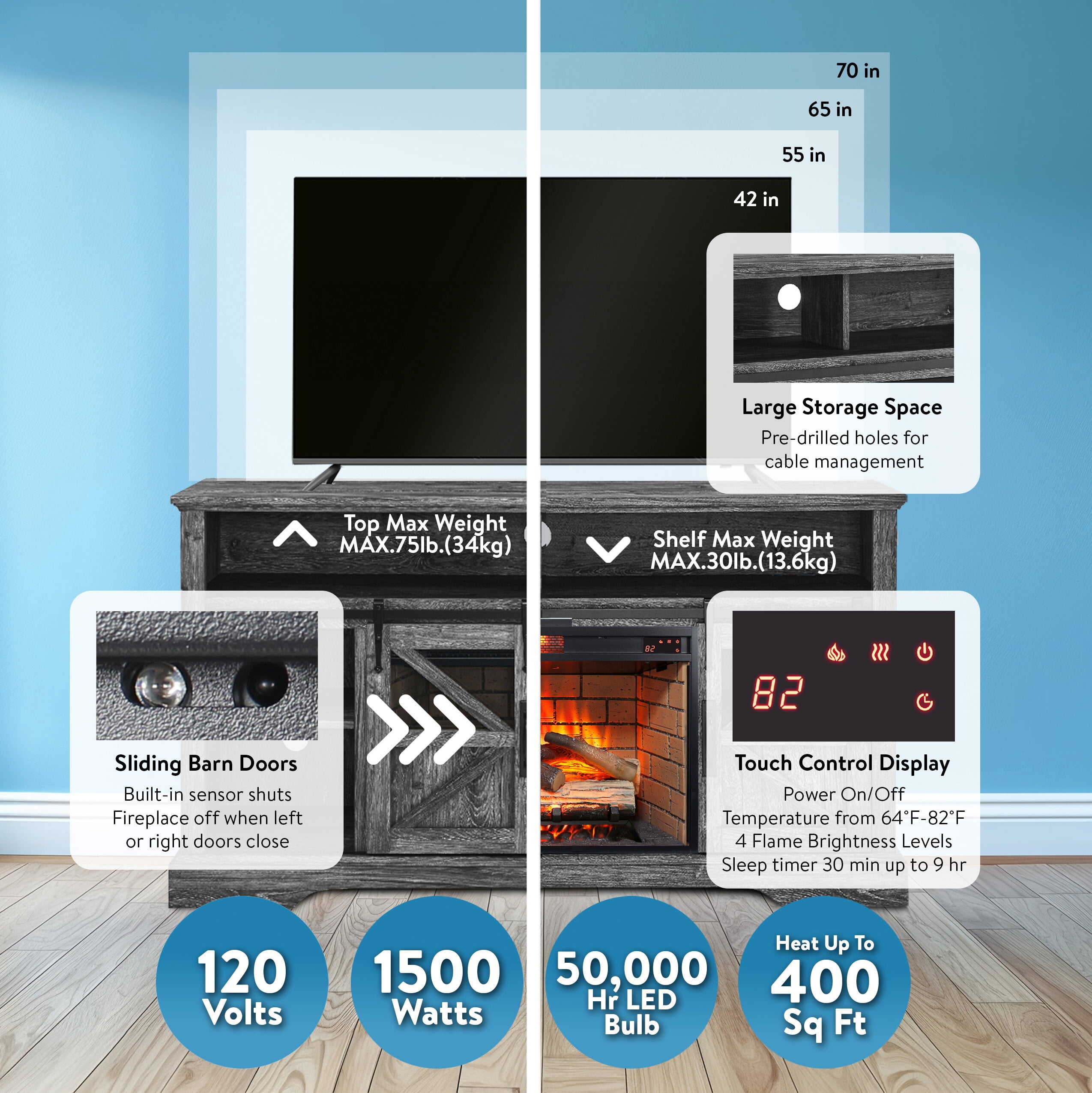 Electric Indoor Fireplaces, 60 Inch Electric Fireplace Entertainment Center With Door Sensor-Dark Rustic Oak, Dark Oak Indoor Fireplaces,Wood+Stainless Steel+Glass Fireplace Tools Set