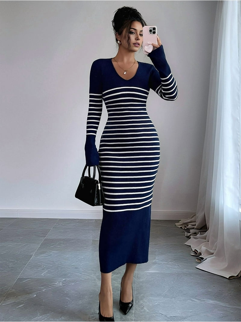 navy long sleeve bodycon midi dress SHEIN EZwear Plus Size Women Long Sleeve Navy Blue Dress,Autumn Elegant  Formal Crew Neck Bodycon Midi Dress,Winter Casual Party Slim Dress