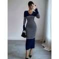 thumbnail image 5 of Women'S Striped V Neck Sweater Dress Long Sleeve Bodycon Midi Dresses Navy Blue XL, 5 of 7