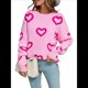 thumbnail image 2 of Suéteres de Otoño para Mujer, Jersey Holgado de Punto A Rayas con Cuello Redondo y Larga con Estampado de Corazones 2025 Rosa XL, 2 of 9