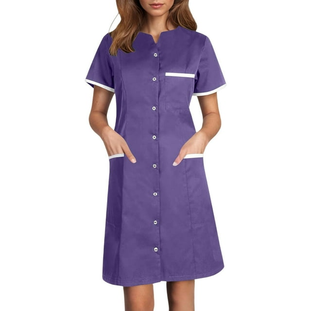 Daznico Robes Élégantes pour Femmes, Robe Décontractée à Col en V et Manches Courtes avec Design Patchwork, Robe de Travail Mi-Longue pour un Usage Quotidien, Détails de Poche Confortables, Robes pour Femmes Cache Ventre