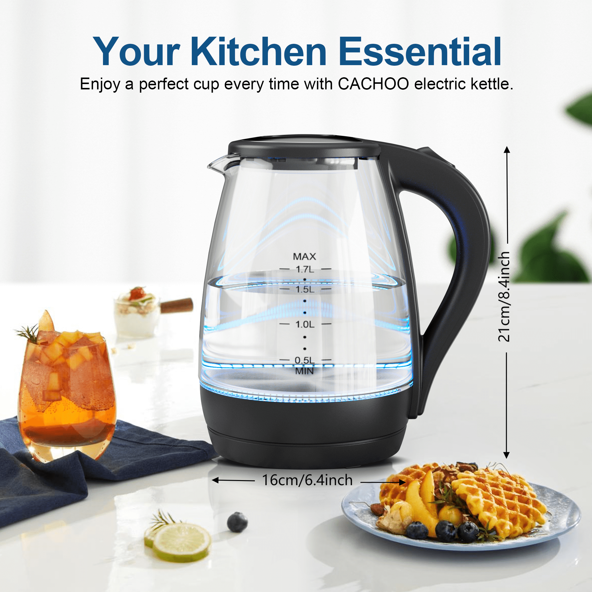 CACHOO Electric Kettle, 1.7L Tea Kettle & Hot Water Boiler for Coffee & Tea, Water Heater & Teapot, Automatic Shut Off, Borosilicate Glass, Black, 1200W