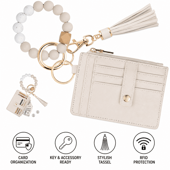Wallet Keychain Wristlet for Women,Slim RFID Credit Card Holder Purse Tassel Keychain Bangle Key Ring for Men Women