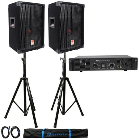(2) Rockville RSG8 DJ PA Speaker + Rockville RPA5 Amp + Stands + Cables + (Best Speaker Cable For Pa System)