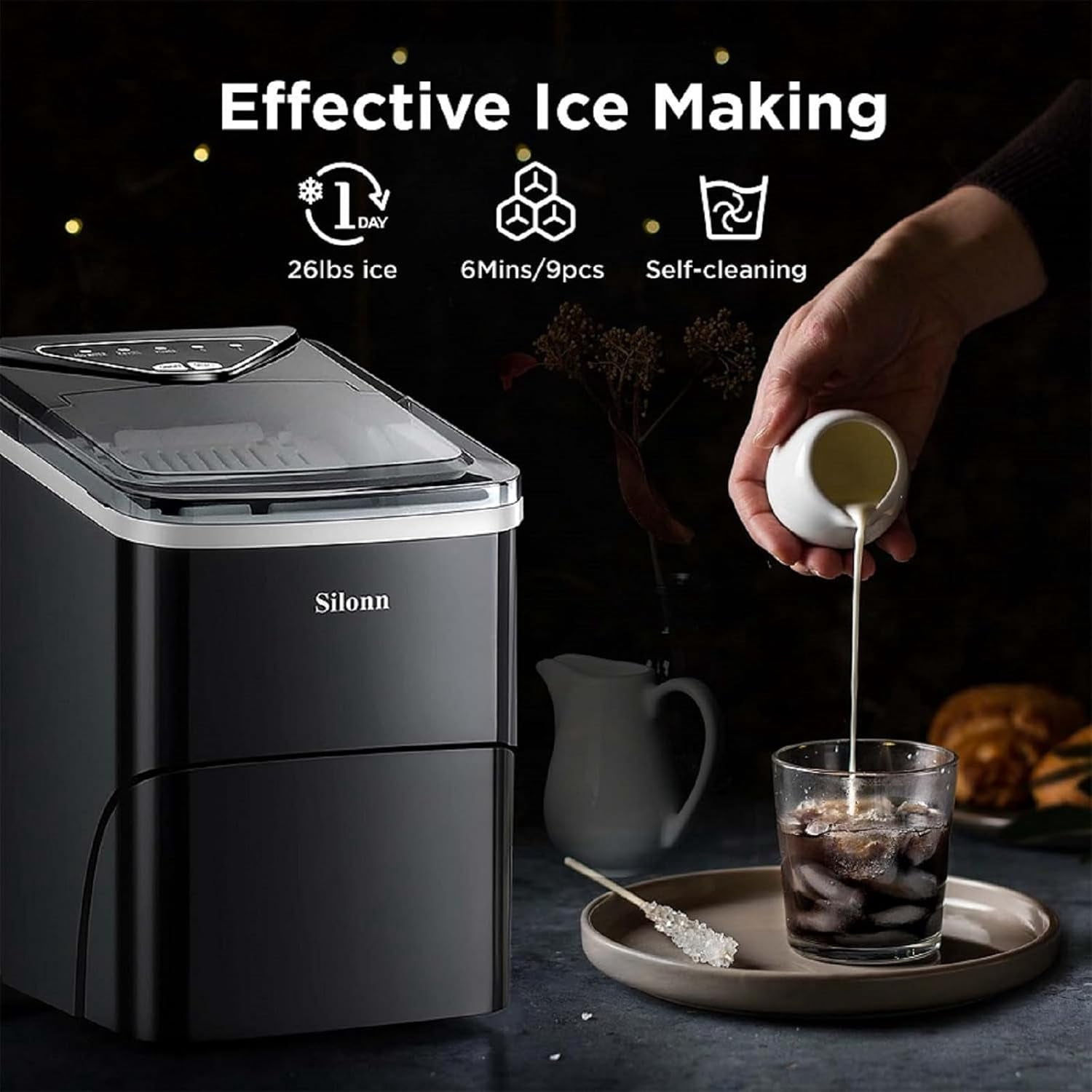 Countertop Ice Maker with Expanding Ice Basket, 9 Cubes in 6 Mins, 2.5L Ice Basket, Self-Cleaning Ice Maker with LED Touch Control, 2 Bullet Ice Sizes for Home, Kitchen, Office
