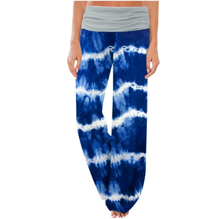 

Jalioing Women s Pajamas Pants Elastic Stretchy High Waist Wide Leg Color Blocking Stylish Baggy Trousers (XX-Large Blue)