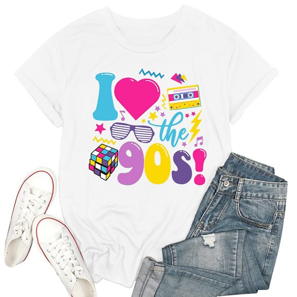 JIRNDf Womens T Shirts Trendy Summer Tops 90S I The 90 Girls Themed Outfit Party Cute Graphic Tees For Women Shirts White XXXL