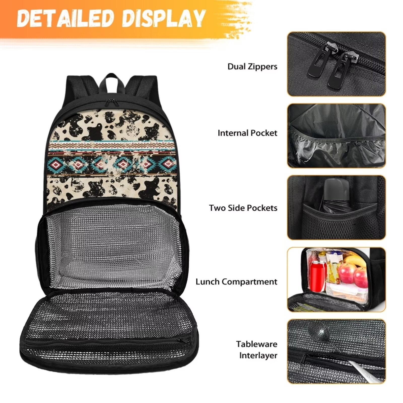 FOR U DESIGNS Soft Lunch Backpack for Women Men, Primary School Bag with Lunch Bag Compartment Aztec Cow Print Book Bag Large Capacity Work Office Daypack