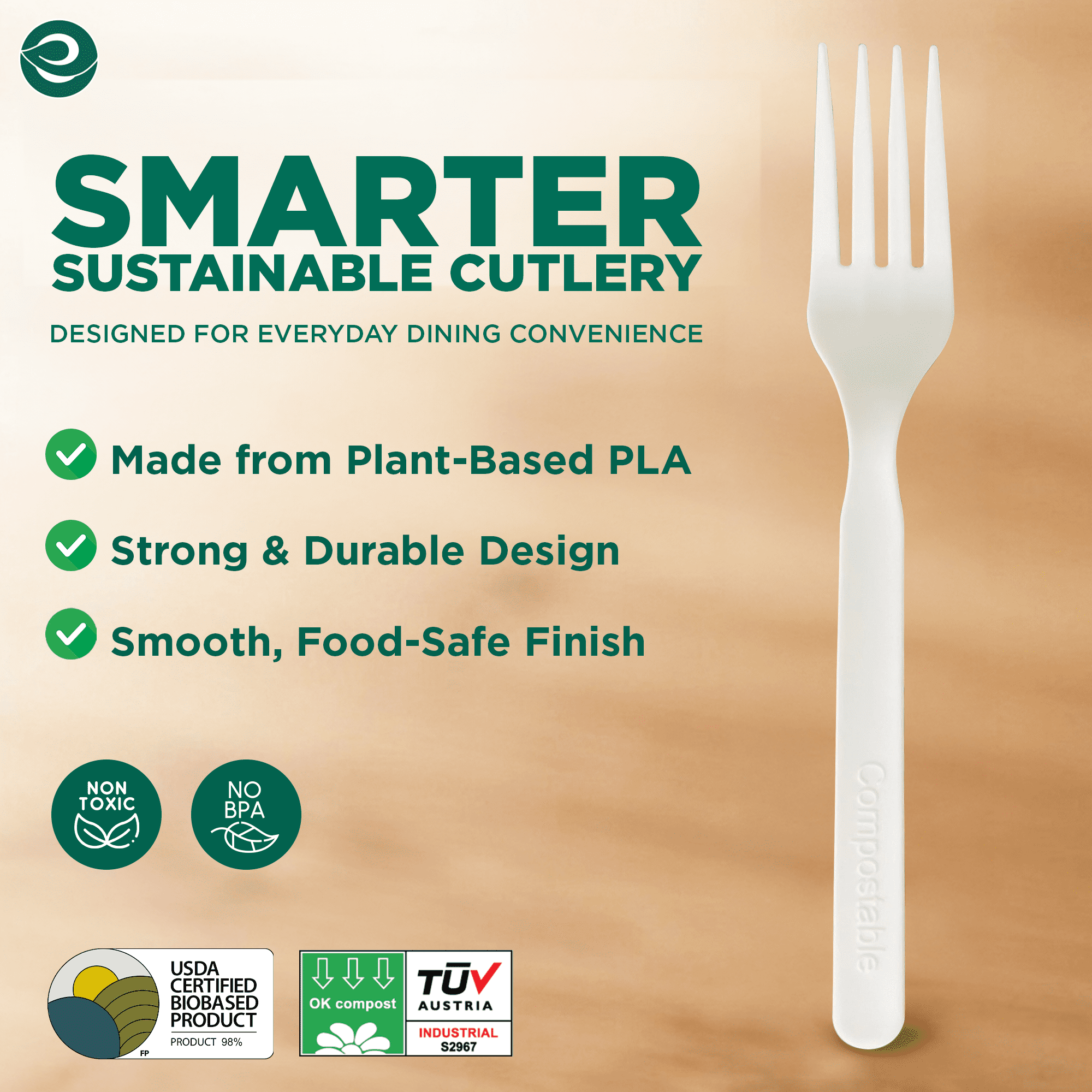 EcoSoul Compostable Forks, 24 Count, Plant-Based Disposable Forks for Parties, Picnics, Catering and Everyday Dining