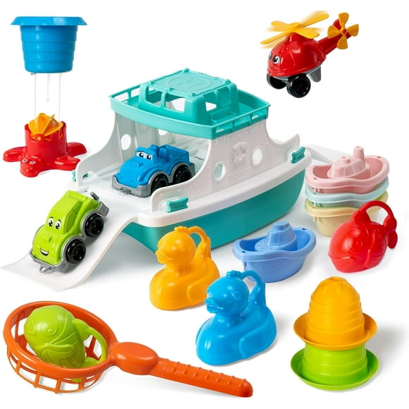 Ferry Boat Toys Set with Helicopter 2 Cars | Baby Bath Toys for Toddlers with Stacking Cups | Baby Water Toy with Bath Boats Train for Girls and Boys