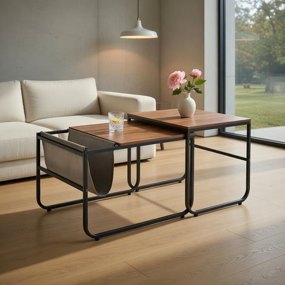Spaco Set of 2 Nesting Coffee Tables with Side Pocket for Living Room Bedroom-Rustic Brown, Modern Coffee Table for Living Room Office Reception