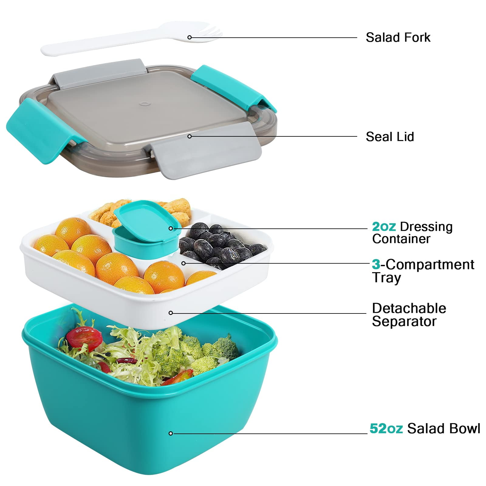 to-Go Salad Bowl Container W/ Bowl, Dressing Cup, Lid, & Fork