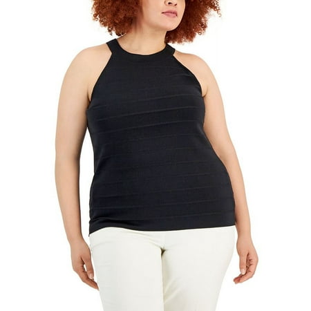 Anne Klein Women's Ribbed Sleeveless High Neck Sweater Black Size 3X