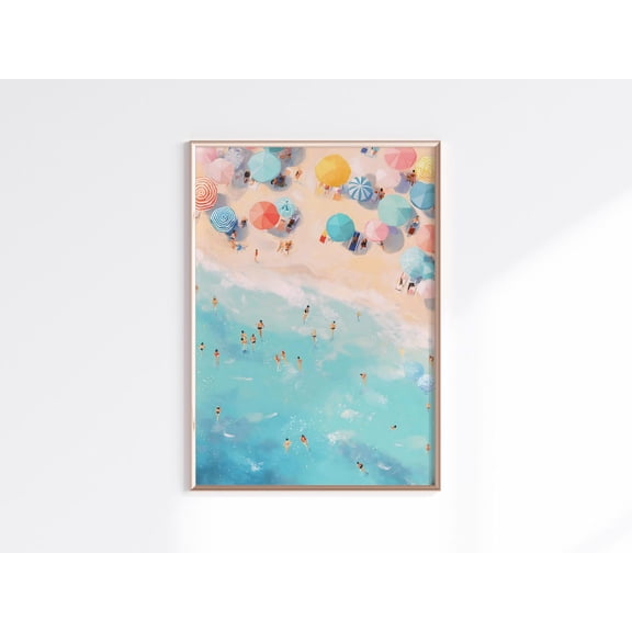 Beach Day Aerial Wall Art, Colorful Umbrella Coastal, Fun Summer Seaside For Modern Coastal Decor Home Decor #1173, Unframed Poster Size 8x12