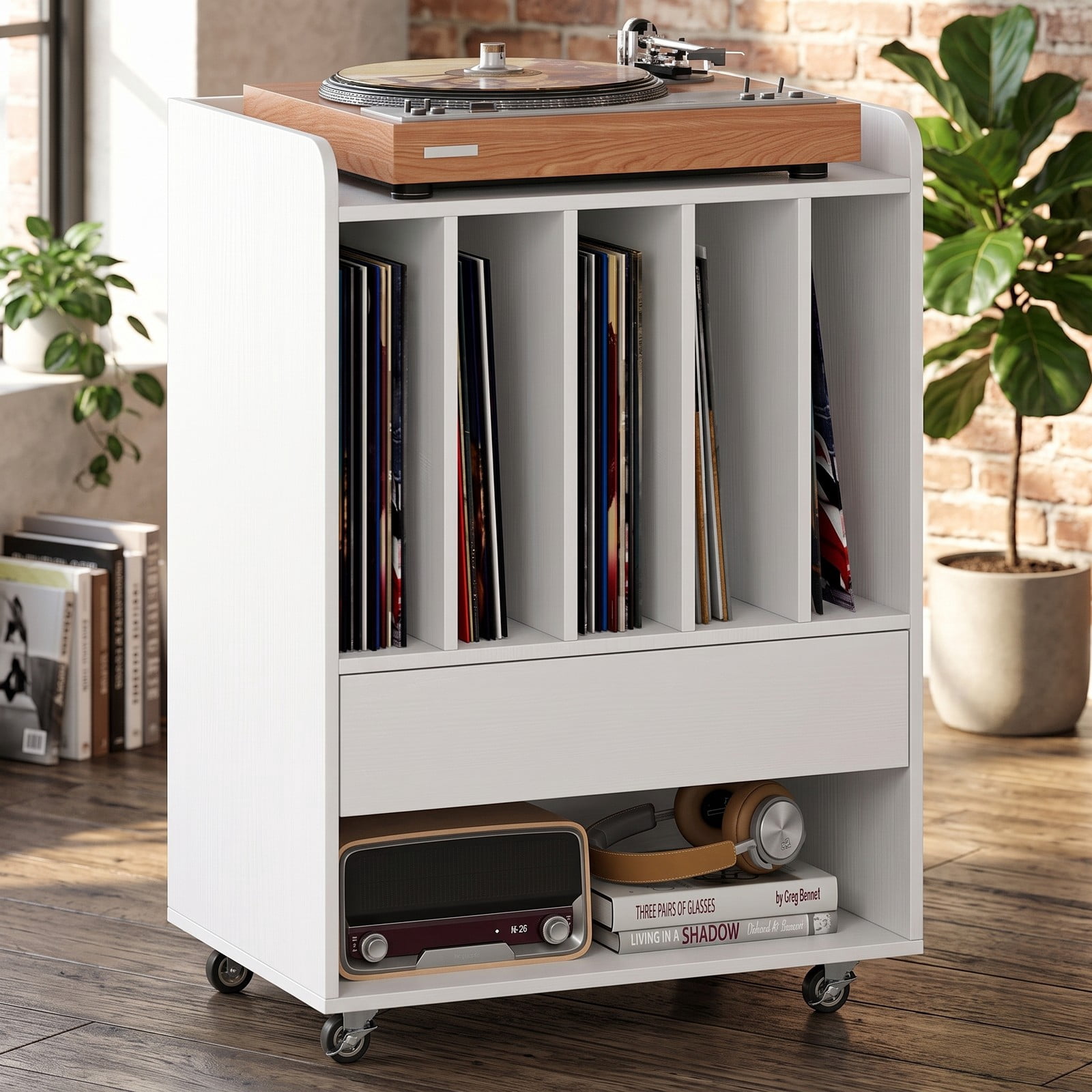 Furnibear Record Player Stand, Turntable Stand with Drawer and 5-Slot Vinyl Record Holder, Wood Media TV Stand Side Table with Rolling Lockable Wheels for, White