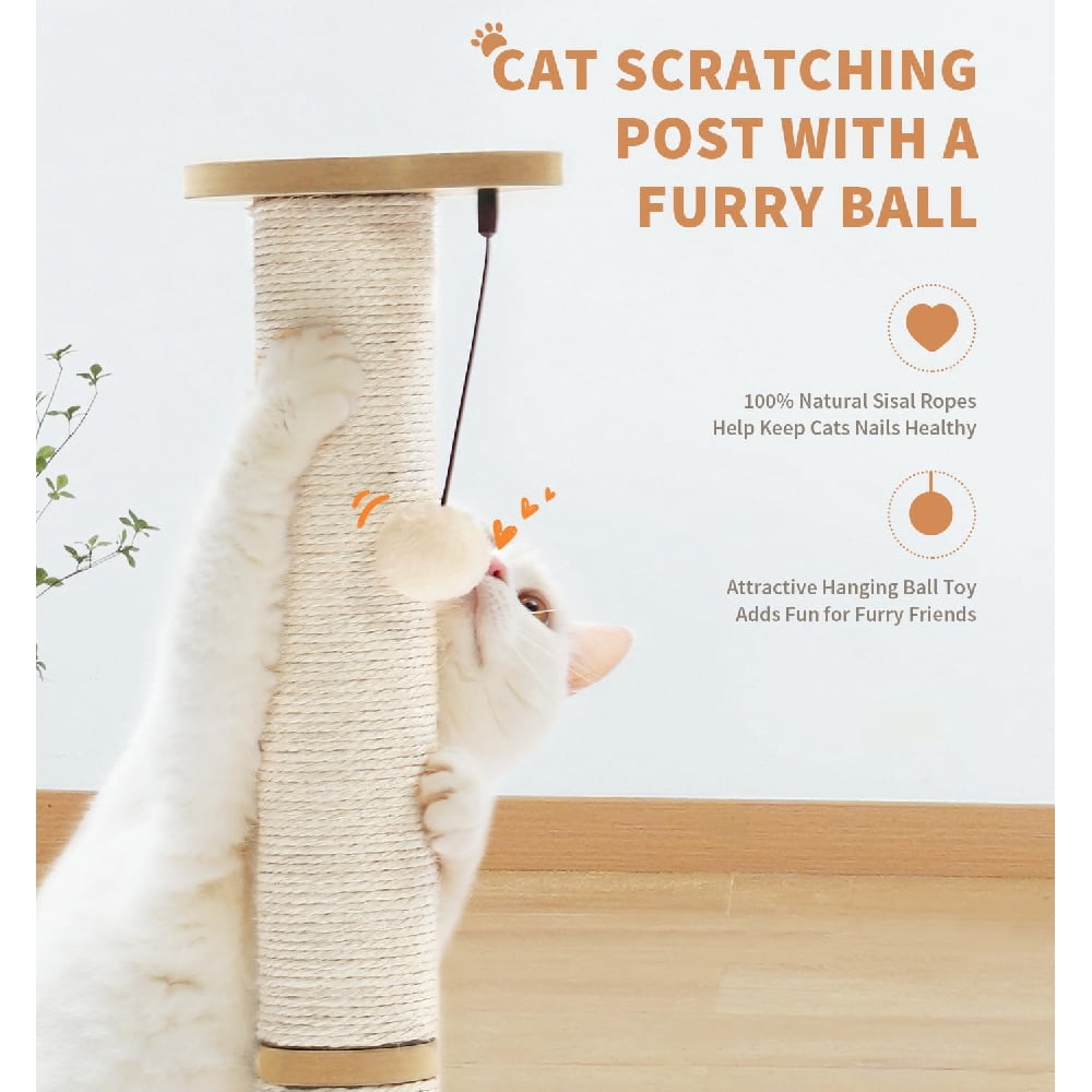 Cat Scratching Post for Indoor Cats, 23.4" Tall 2-Layer Sisal Cat Scratcher with Interactive Wooden Ball Track & Dangling Teaser Ball, Anti-Tip Solid Wood Base Kitten Play Toy