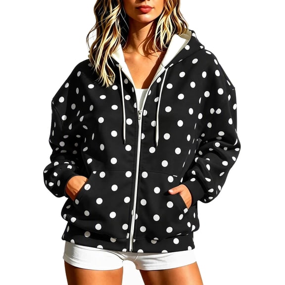 Raeneomay Women's Polka Dot Hoodie - Zip Up Long Sleeve Pocket Jacket S-XXXL