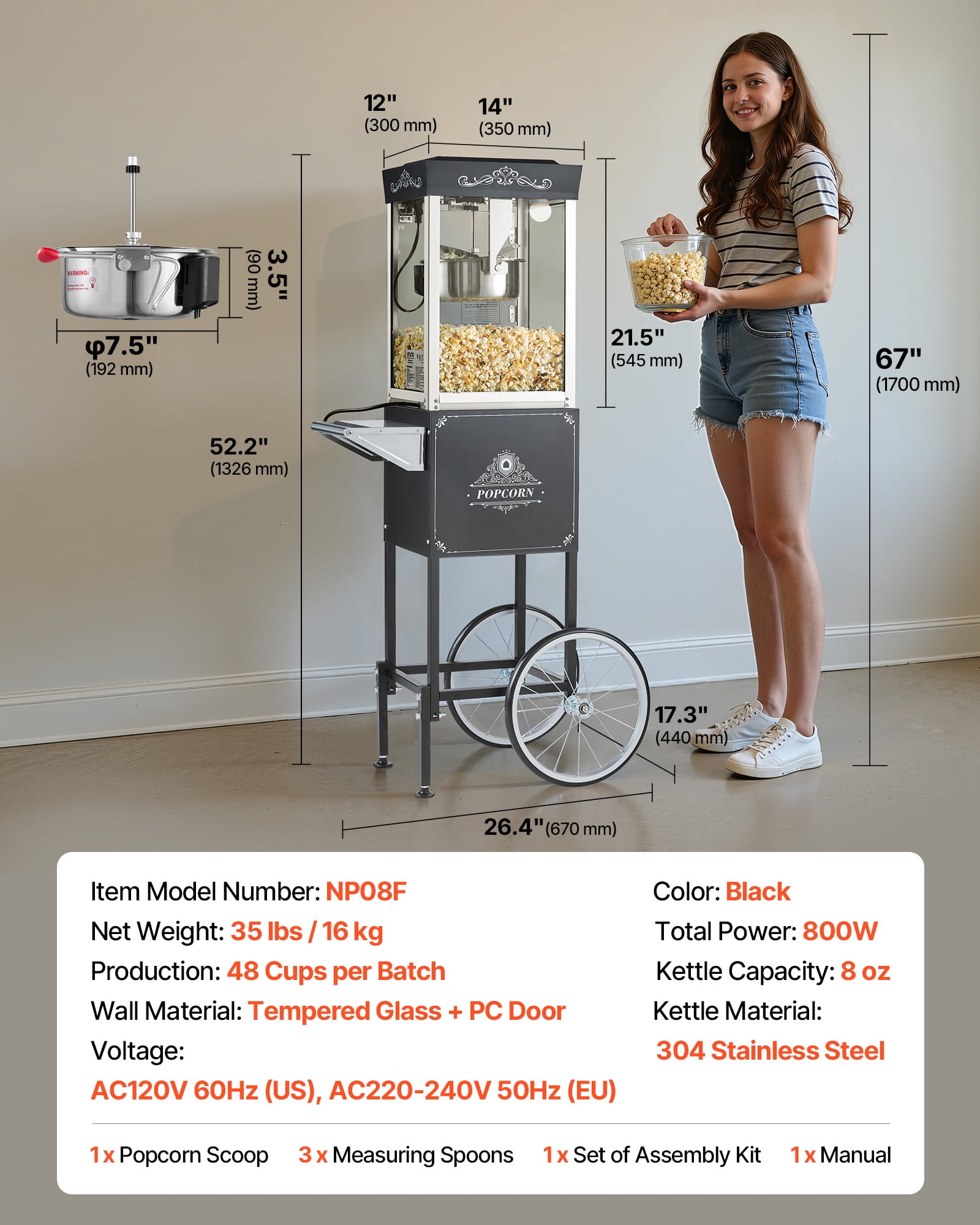 VEVOR Popcorn Machine with Cart, 8oz Stainless Steel Kettle, 800W Commercial Popcorn Maker, 48 Cups per Batch Theater Style Popper, with 2-Button Control Glass Wall PC Door 1 Scoop 3 Spoons, Black