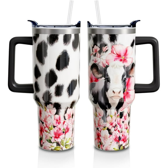 Cow Gifts for Women Girls, Cute Cow Print 40oz Tumblers Cup with Handle and Straw, Stainless Steel Water Bottle Mug (1PC)