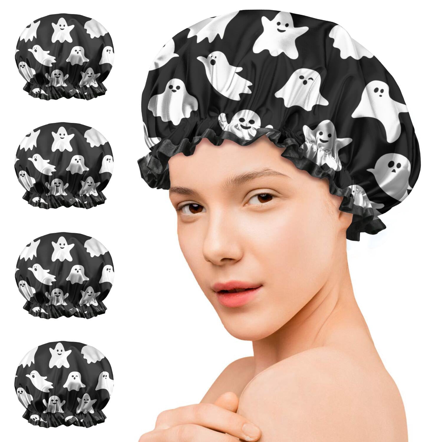 Shower Caps,Black Halloween Ghosts Waterproof Shower Cap for Women 4 Pieces,Double Reusable Hair Cover for Shower PEVA Elastic Stretch Hem