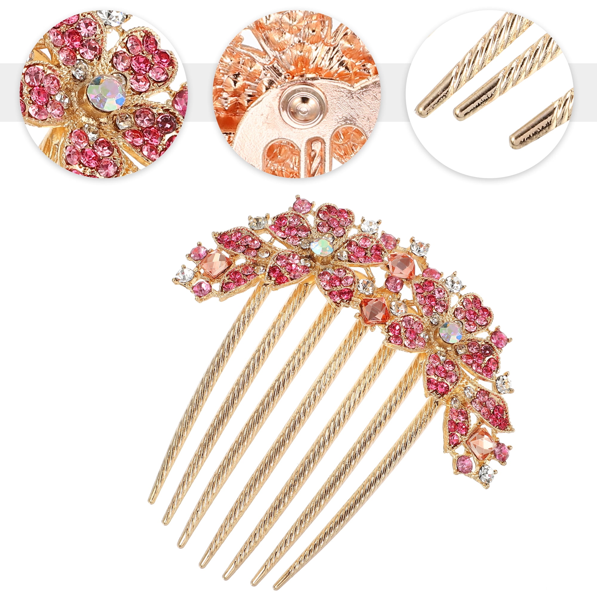 Unique Bargains Women Rhinestone Inlaid Flower Hair Comb Pink