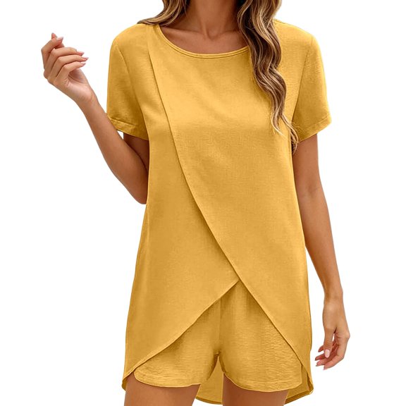 Telankuip Two Piece Sets for Women Lightweight Linen Short Sleeve Irregular Top and Shorts Casual Summer Beach Vacation Outfits Plus Size Soft Comfortable Breathable Matching Set Yellow XL
