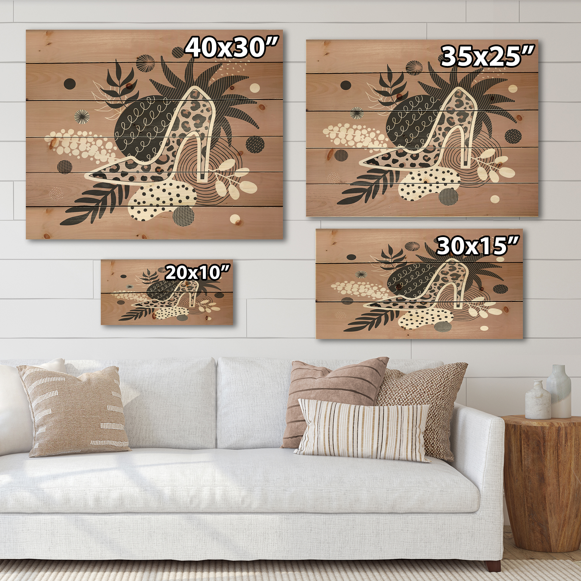 Designart 'Leopard High-Heeled Shoes On Tropical Leaves' Modern Print on Natural Pine Wood