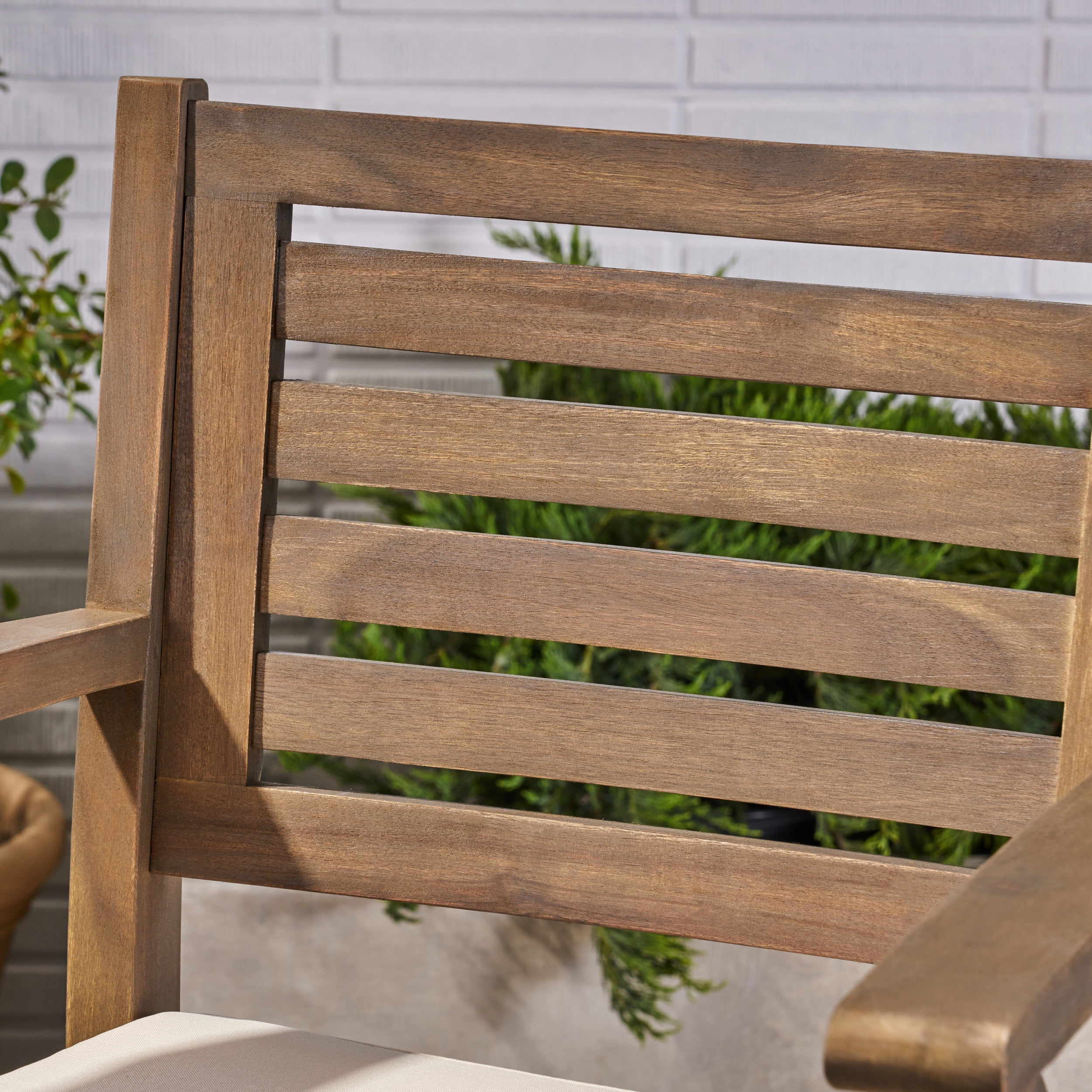 Outdoor Acacia Wood Barstool with Cushion,Cream,Grey