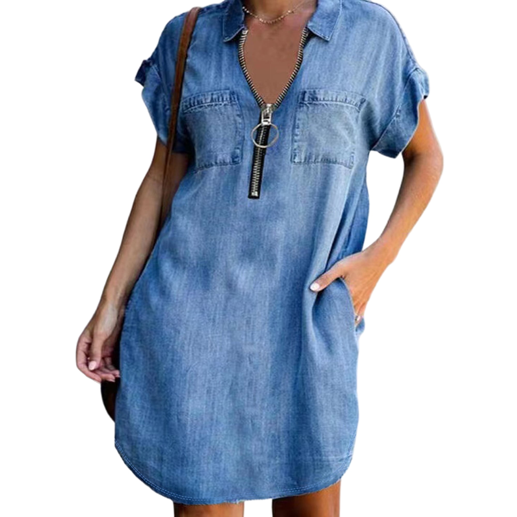 MAWCLOS Ladies Denim Shirt Dress Solid Color Sundress Short Sleeve Jean Dresses Sexy Travel V Neck Dark Blue XL Walmart