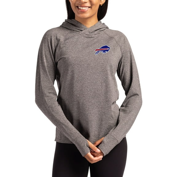 Women's Cutter & Buck Heather Charcoal Buffalo Bills Primary Logo Adapt Knit Recycled Raglan Pullover Hoodie