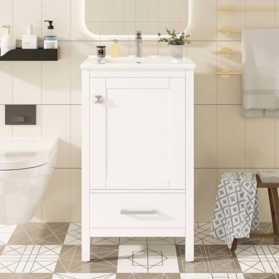 20-Inch Modern Bathroom Vanity with Ceramic Sink,Double-Layer Door Organizer, Divider Drawer, Adjustable Foot