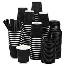 NYHI Set of 100 Black Disposable Paper Cups with Black Lids and Straws 12-oz  Ripple Insulated Kraft for Hot Drinks - Tea & Coffee  Triple Layer Design  Eco- Friendly, Recyclable, Durable Paper