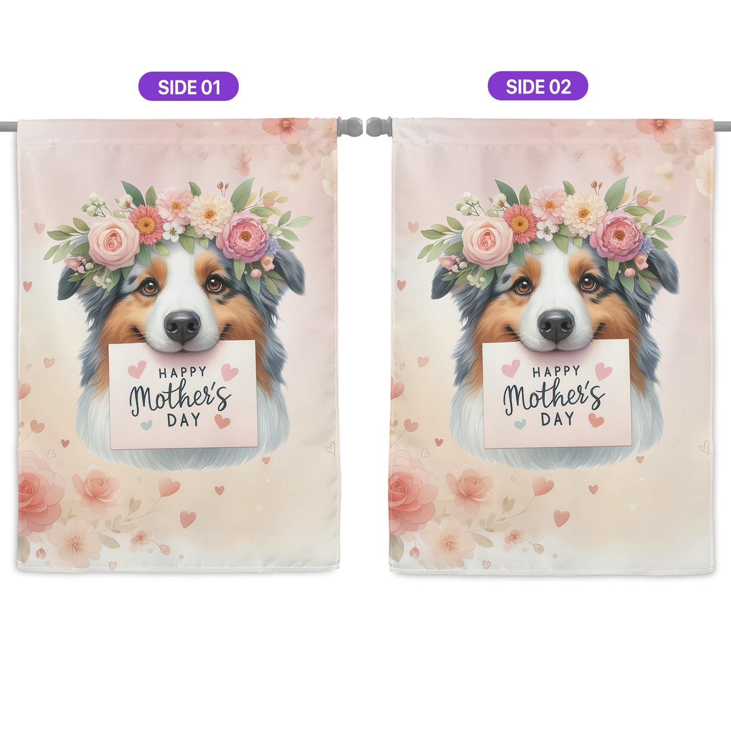 Happy Mother's Day Australian Shepherd with Flower Crown and Greeting Card House Flag 28x40in Double Sided Aussie Dog Lover Gifts Outdoor Decor - 13004