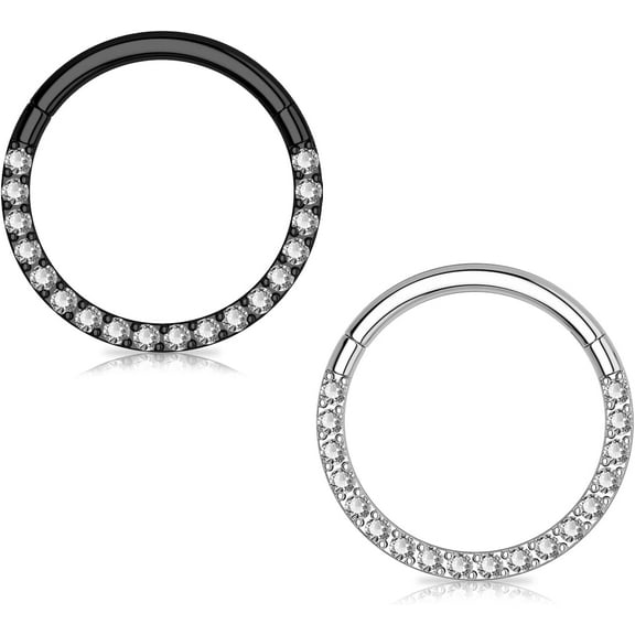 2PCS G23 Titanium Nose Rings Hoop 16G Clear CZ Lined Hypoallergenic Conch Helix Cartilage Daith Earrings Hoop 8mm 10mm Septum Rings Silver and Gold Lip Hinged Segment