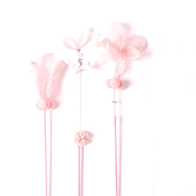 Cat Teaser Wand, PVC Feather 3Pcs Durable Safe Cat Teasing Wand Toy Colorful with Bell for Kitten Grey,Pink,Blue