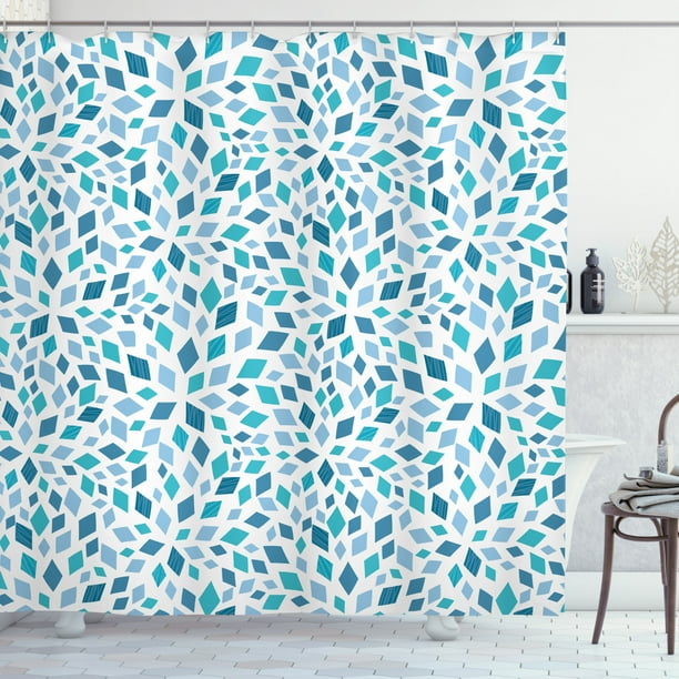 Teal Shower Curtain, Abstract Style Scattered Mosaic Shapes in Blue