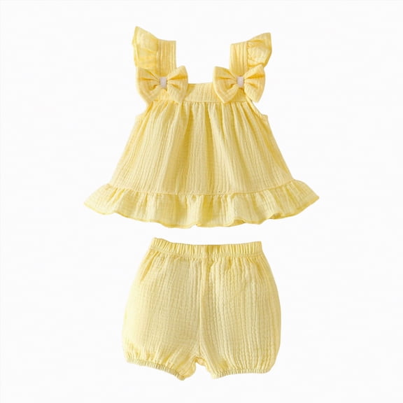 NIEWTR Toddler Girl Summer Outfit 6 12 18 24 Month 3T 4T 5T 6T Kids Short Sets Cotton Ruffle Sleeve Tops Tees Shorts Clothing Dailywear Sets(A-Yellow,18-24 Months)
