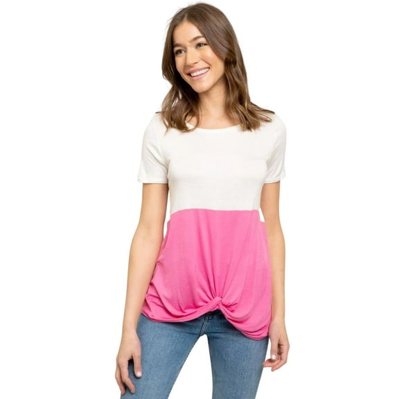 Fantastic Fawn Womens Front Tie Short Sleeve Round Neck Top, White / Pink (Medium)