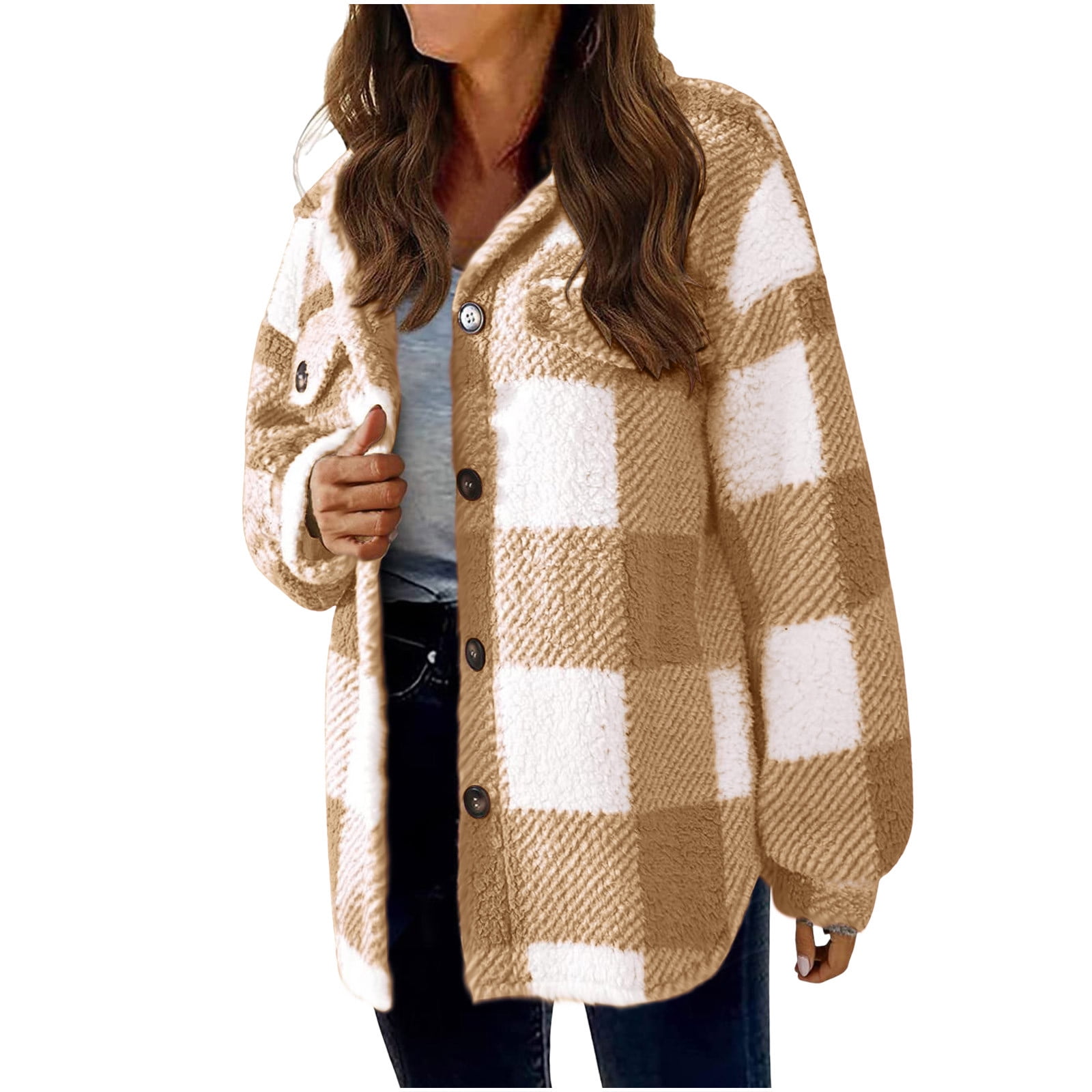 nerohusy Shackets for Women 2024 Winter Warm Fuzzy Fleece Sherpa Plaid Shirt Jackets Plus Size Button Down Long Sleeve Coats Coffee,L